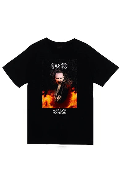 fame-stoned Marilyn Manson Baskılı Unisex %100 Pamuk Siyah T-shirt