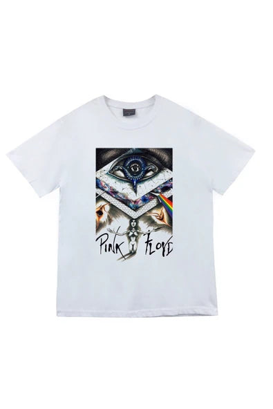 fame-stoned  Pink Floyd Baskılı Unisex %100 Pamuk Beyaz T-shirt