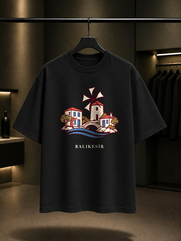 Balıkesir Cunda Adası baskılı siyah t-shirt