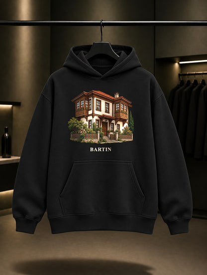 Bartın Evleri baskılı siyah kapüşonlu sweatshirt