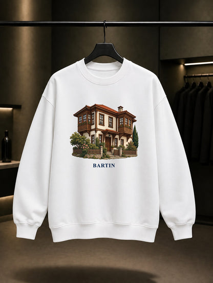 Bartın Evleri baskılı beyaz sweatshirt