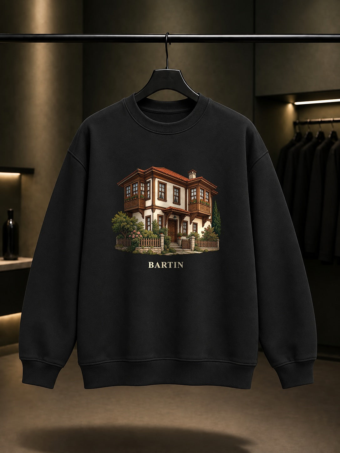 Bartın Evleri baskılı siyah sweatshirt
