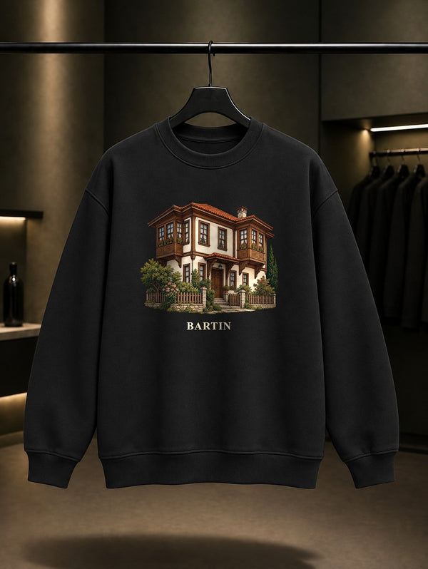 Bartın Evleri baskılı siyah sweatshirt
