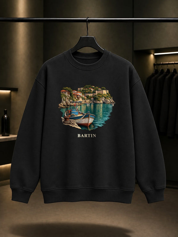 Bartın Amasra Limanı baskılı siyah sweatshirt