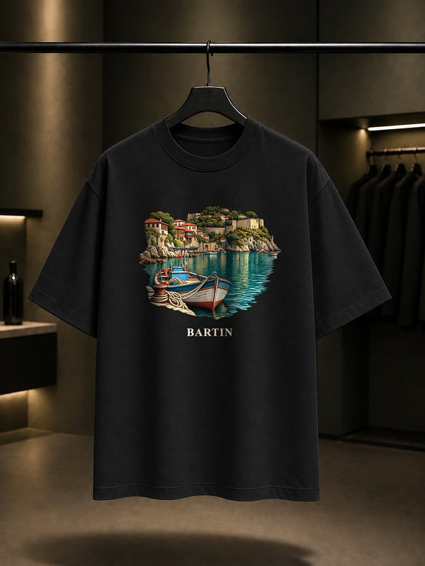 Bartın Amasra Limanı baskılı siyah t-shirt