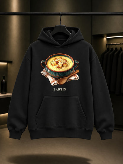 Bartın Pumpum Çorbası baskılı siyah kapüşonlu sweatshirt