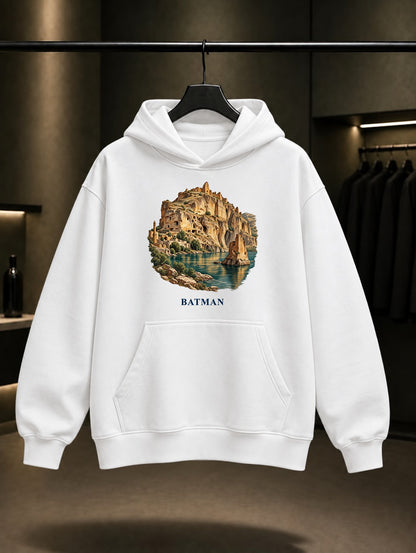 Batman Hasankeyf baskılı beyaz kapüşonlu sweatshirt