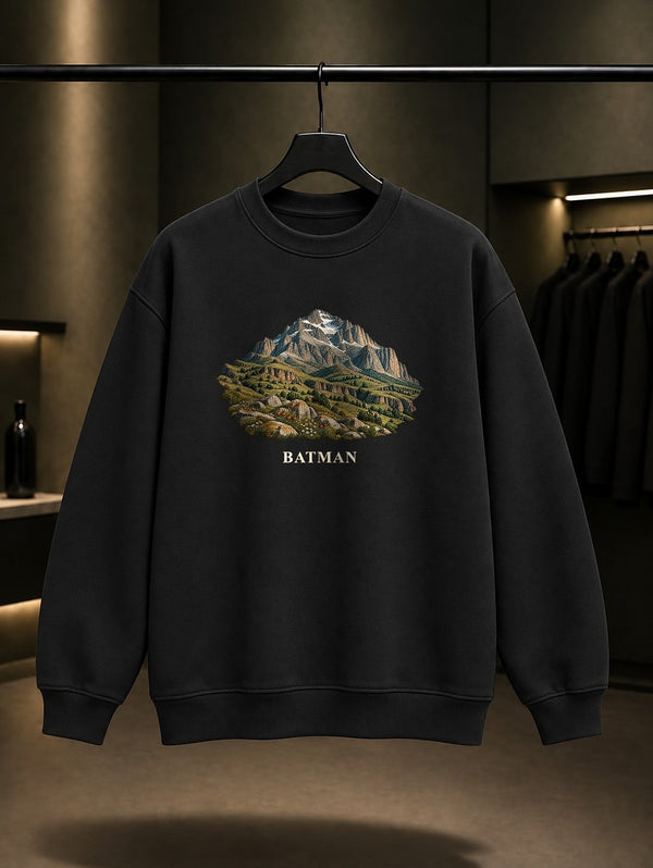 Batman Mereto Dağı baskılı siyah sweatshirt