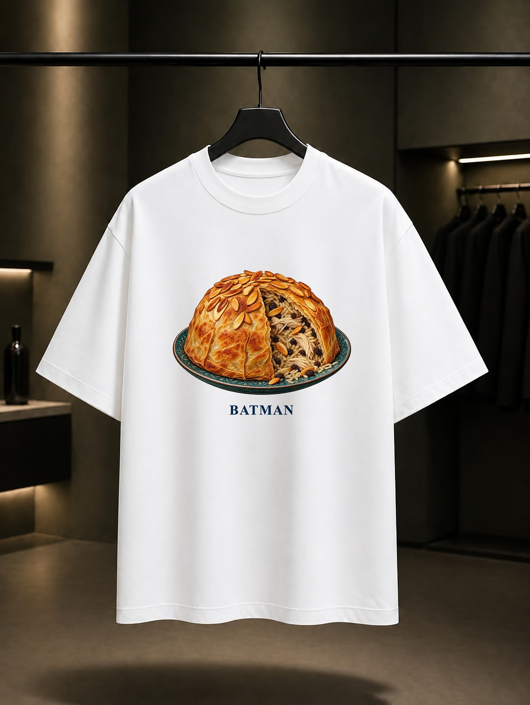 Batman Perde Pilav baskılı beyaz t-shirt