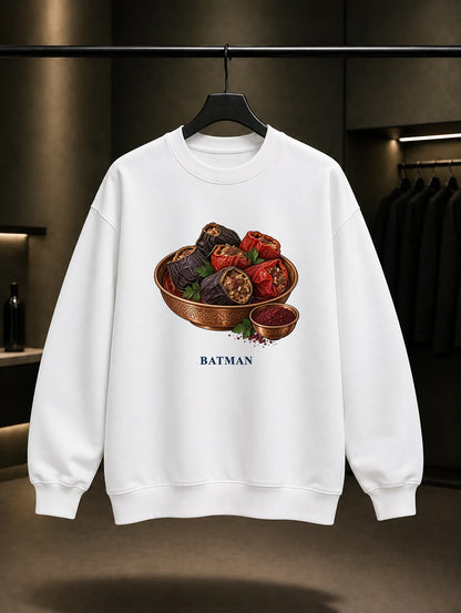 Batman Sumaklı Dolma baskılı beyaz sweatshirt