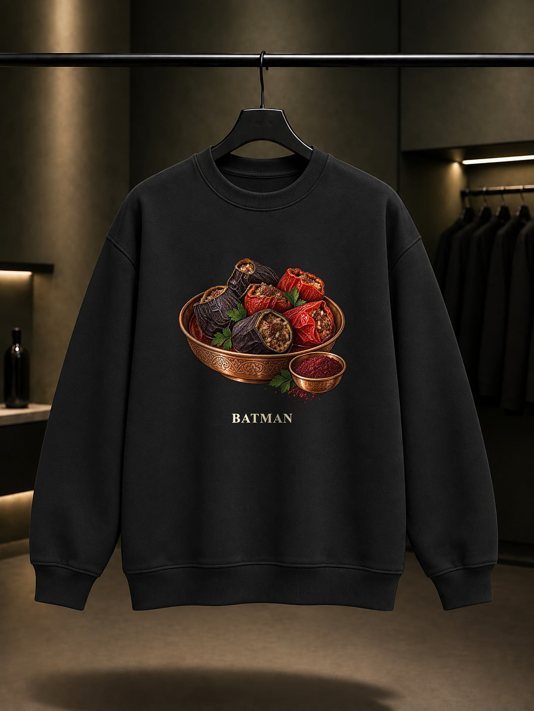 Batman Sumaklı Dolma baskılı siyah sweatshirt