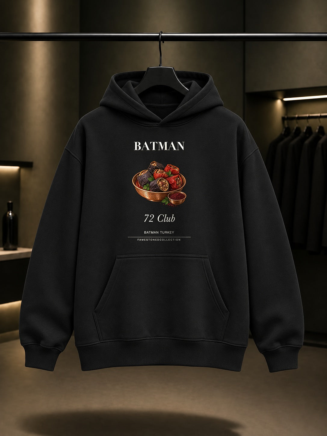 Batman Sumaklı Dolma 72 Club baskılı siyah kapüşonlu sweatshirt
