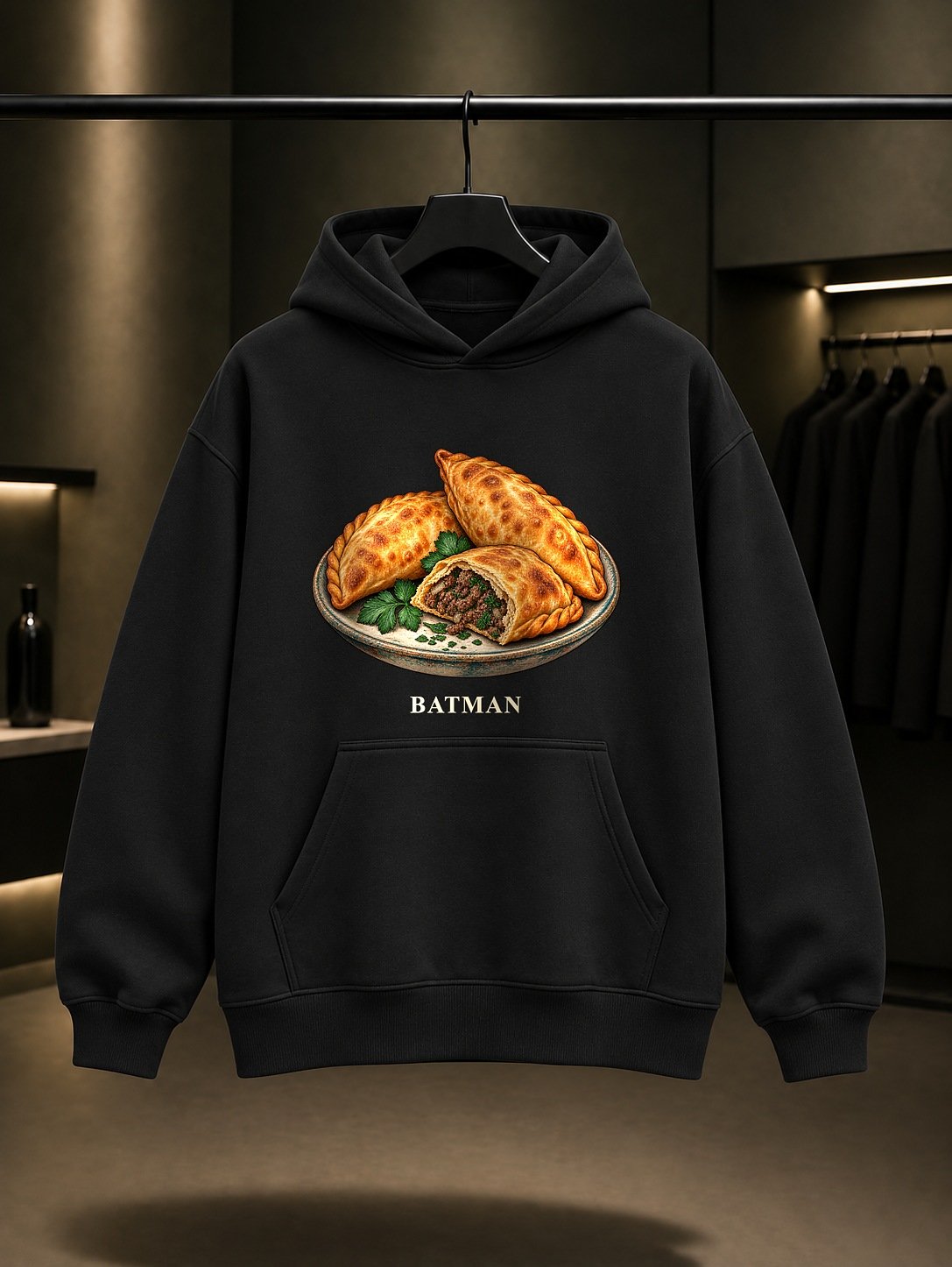Batman Şam Böreği baskılı siyah kapüşonlu sweatshirt