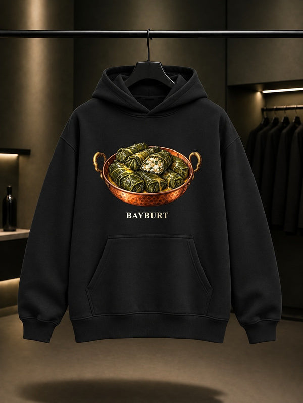 Bayburt Lor Dolması baskılı siyah kapüşonlu sweatshirt
