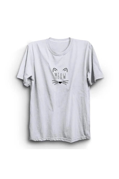 fame-stoned  Meow Kedi Baskılı Unisex %100 Pamuk Beyaz T-shirt