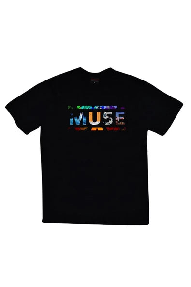 Muse Renkli tipografik logo baskılı siyah tişört