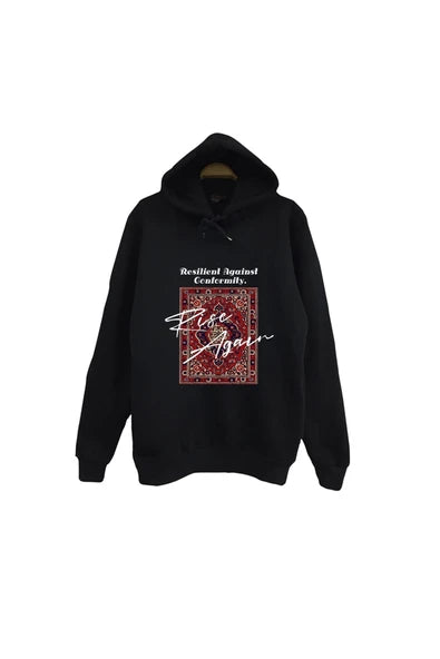 Motif - Halı - Dokuma Kırmızı desenli kare baskılı siyah kapüşonlu sweatshirt