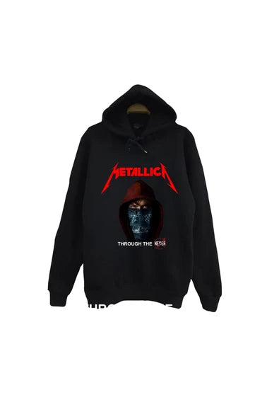 fame-stoned Metallica Baskılı Unisex %100 Pamuk Siyah Kapüşonlu Sweatshirt