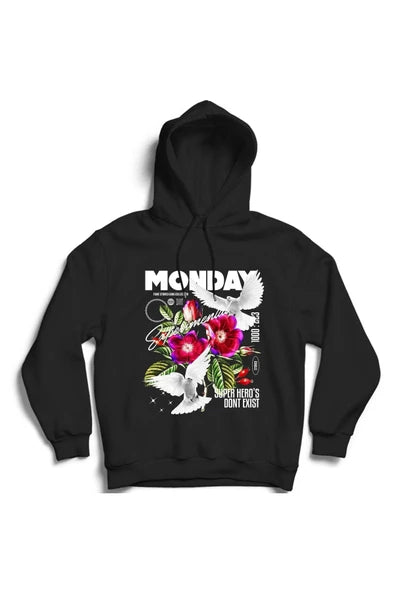 Kuş Ve Çiçek baskılı siyah kapüşonlu sweatshirt