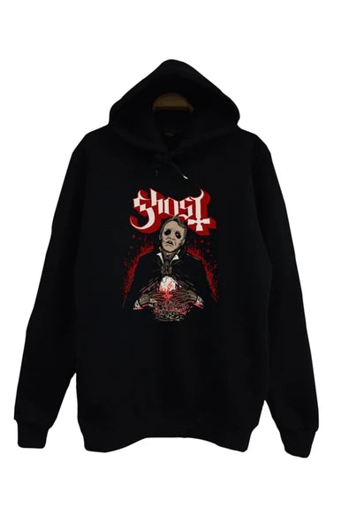 Ghost Kırmızı tonlu Papa Emeritus baskılı siyah kapüşonlu sweatshirt