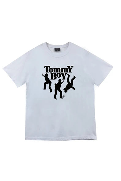 Unisex Beyaz Tommy Boy Records logosu ve dans baskılı beyaz tişört