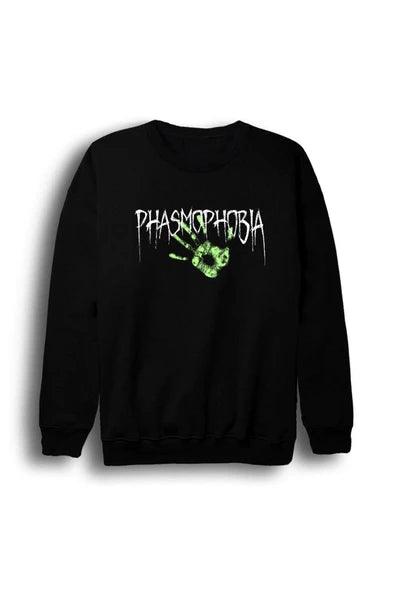 fame-stoned Unisex Siyah Phasmophobia Baskılı Bisiklet Yaka Sweatshirt