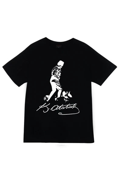 fame-stoned  Gazi Mustafa Kemal Atatürk Baskılı Unisex %100 Pamuk Siyah T-shirt