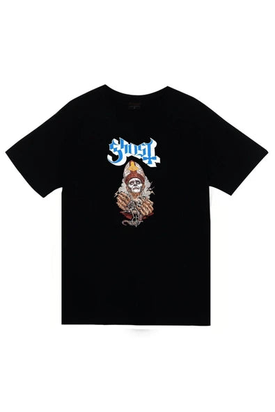 Ghost Logosu ve Papa Emeritus baskılı siyah tişört