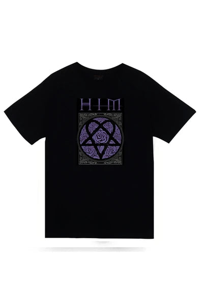 Him Logosu ve gül işlemeli baskılı siyah tişört