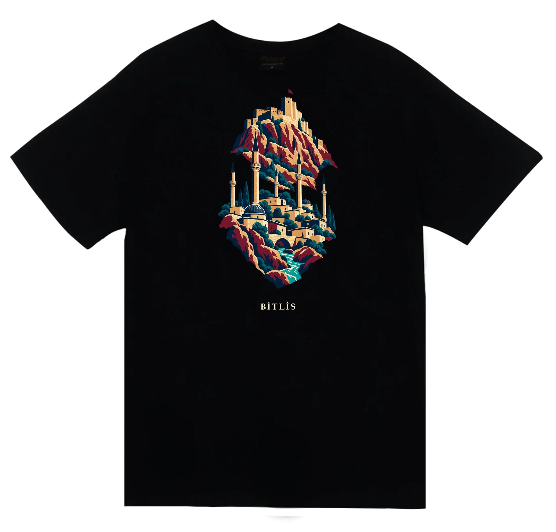 Bitlis Kalesi ve Beş Minare baskılı siyah t-shirt
