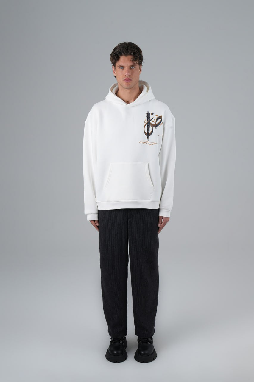 Ney Motif Baskılı Nakışlı %100 Pamuk Kapüşonlu Unisex Oversize Beyaz Sweatshirt