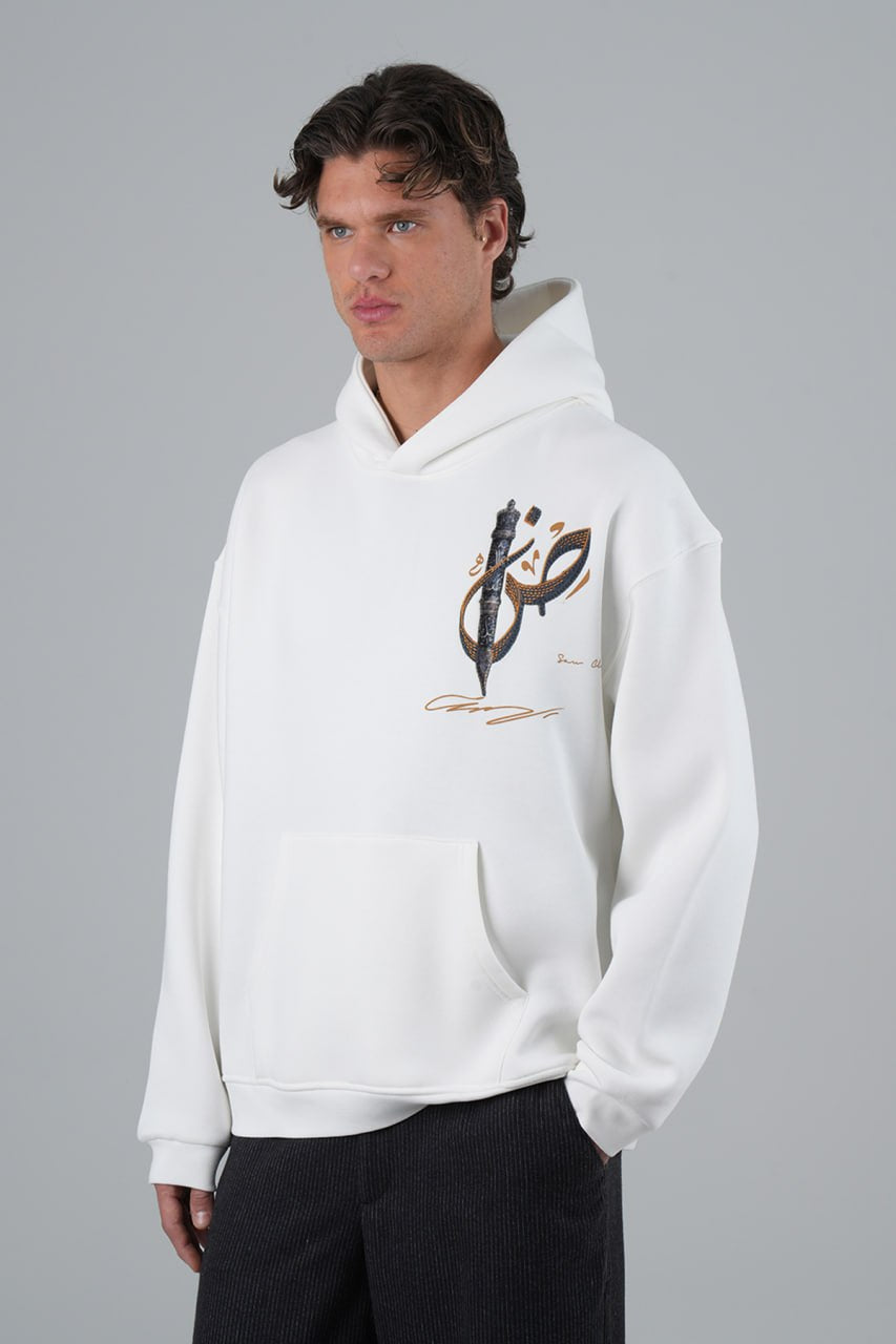 Ney Motif Baskılı Nakışlı %100 Pamuk Kapüşonlu Unisex Oversize Beyaz Sweatshirt