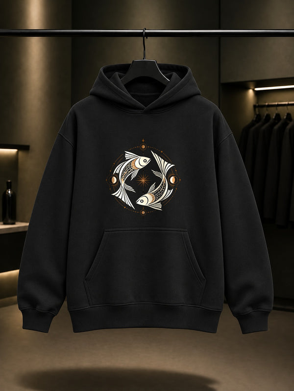 Balık Burcu — Işık Tacı Baskılı Unisex %100 Pamuk Kapüşonlu Sweatshirt