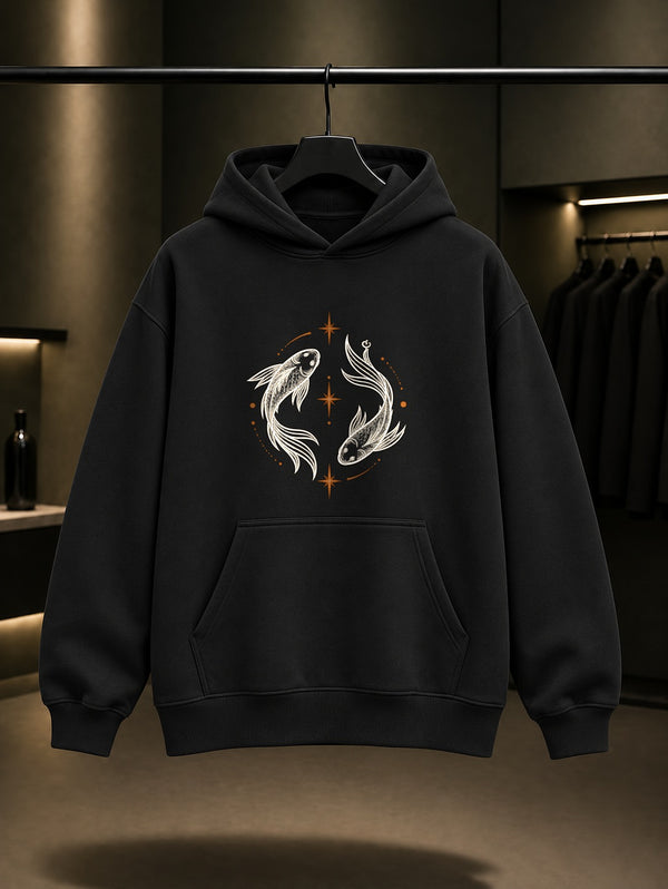 Balık Burcu — Yıldız Yayı Baskılı Unisex %100 Pamuk Kapüşonlu Sweatshirt