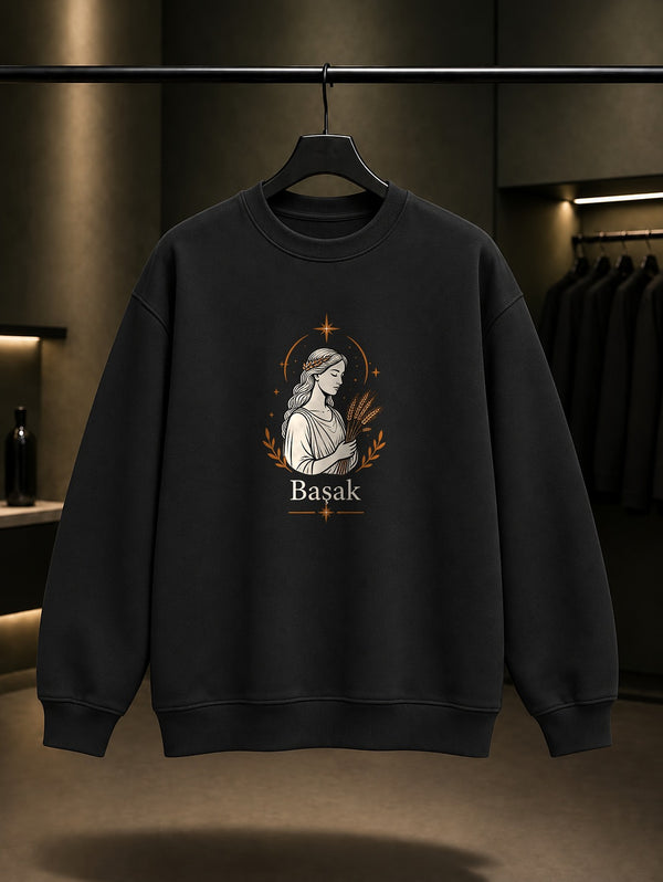 Başak Burcu — İnce Hat Baskılı Unisex %100 Pamuk Sweatshirt
