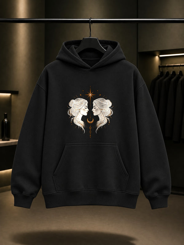 İkizler Burcu — Sade Yıldız Baskılı Unisex %100 Pamuk Kapüşonlu Sweatshirt