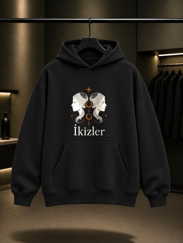İkizler Burcu — İnce Hat Baskılı Unisex %100 Pamuk Kapüşonlu Sweatshirt