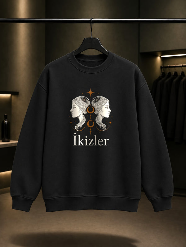 İkizler Burcu — İnce Hat Baskılı Unisex %100 Pamuk Sweatshirt