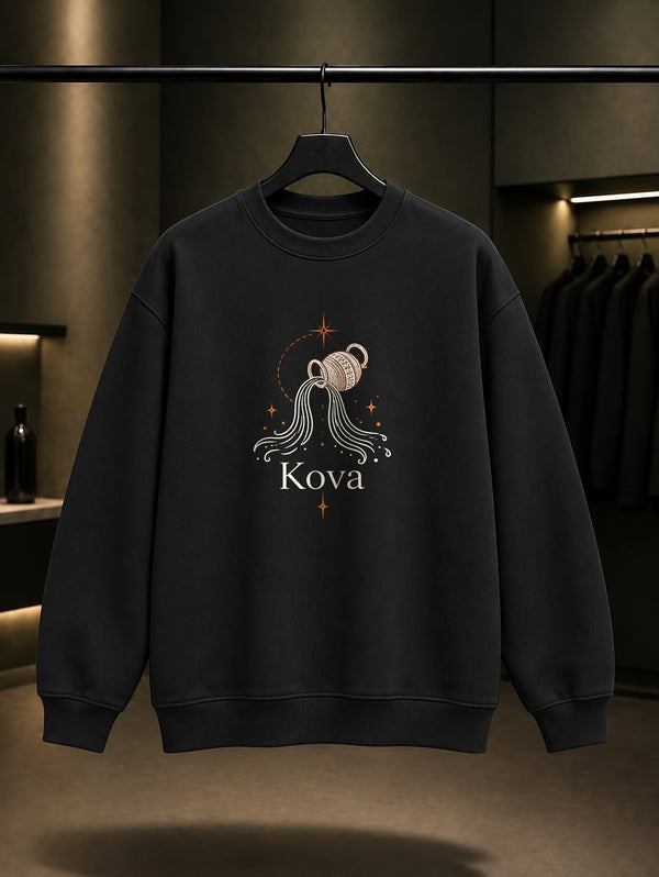 Kova Burcu — İnce Hat Baskılı Unisex %100 Pamuk Sweatshirt
