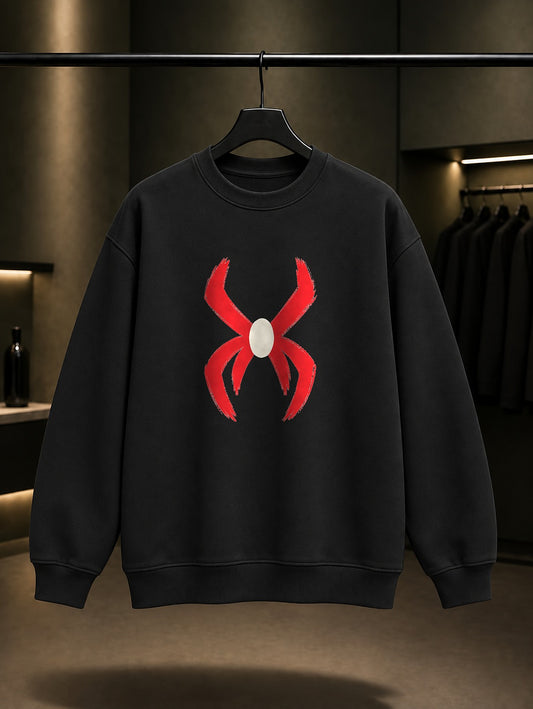 Fırça Darbeli Örümcek baskılı siyah sweatshirt
