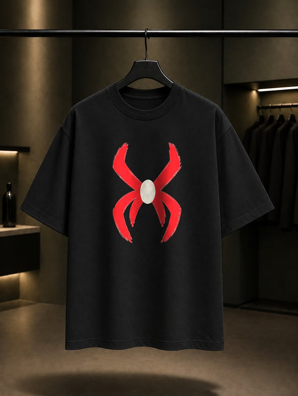 Fırça Darbeli Örümcek baskılı siyah t-shirt