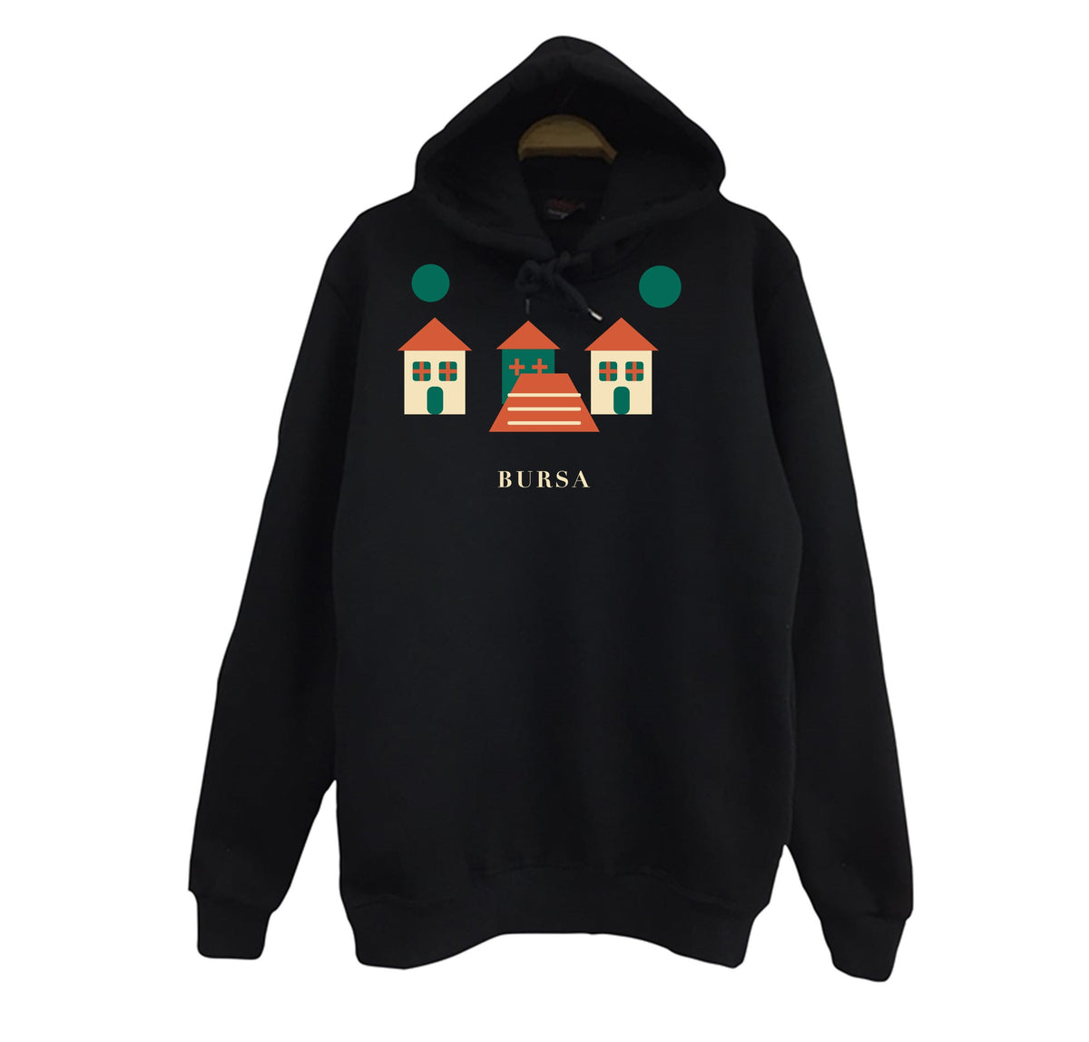 Bursa Cumalıkızık baskılı siyah kapüşonlu sweatshirt