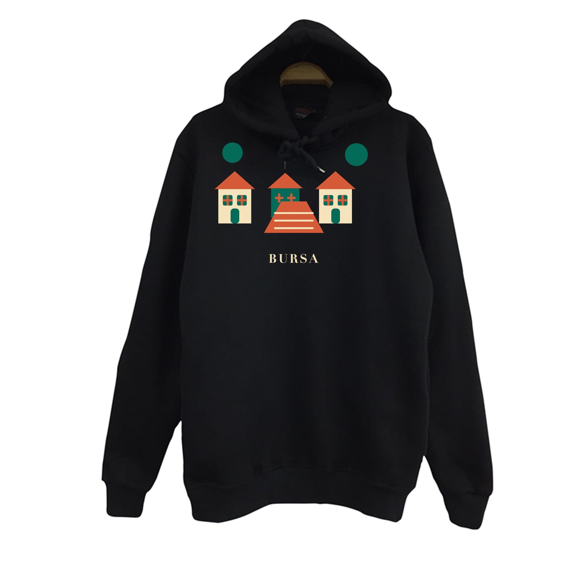Bursa Cumalıkızık baskılı siyah kapüşonlu sweatshirt