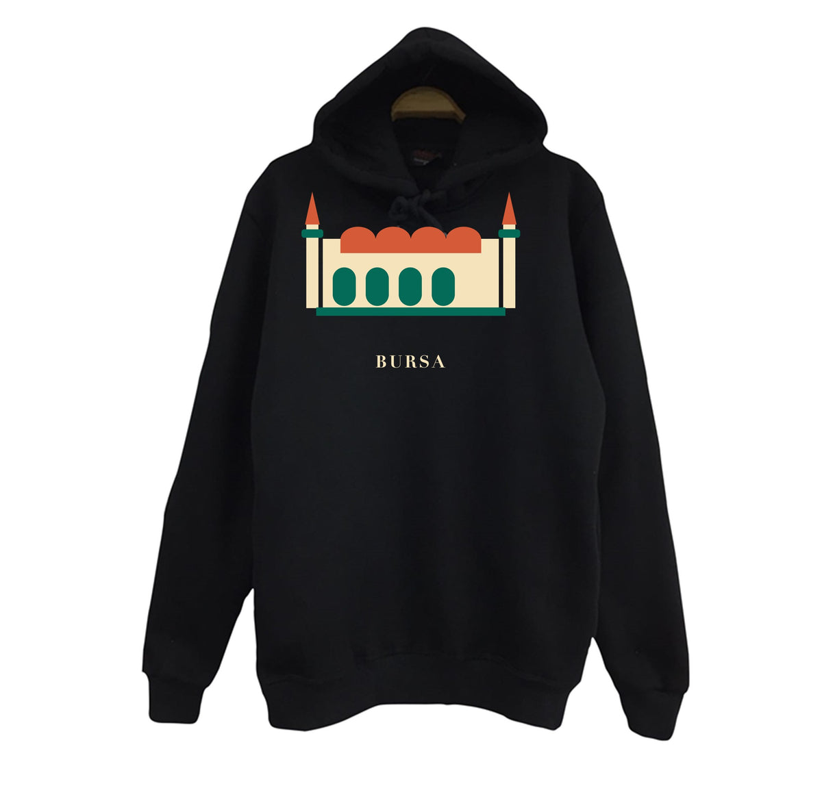 Bursa Ulu Cami baskılı siyah kapüşonlu sweatshirt