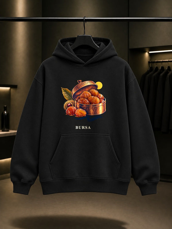 Bursa Yeşil Türbe baskılı siyah kapüşonlu sweatshirt