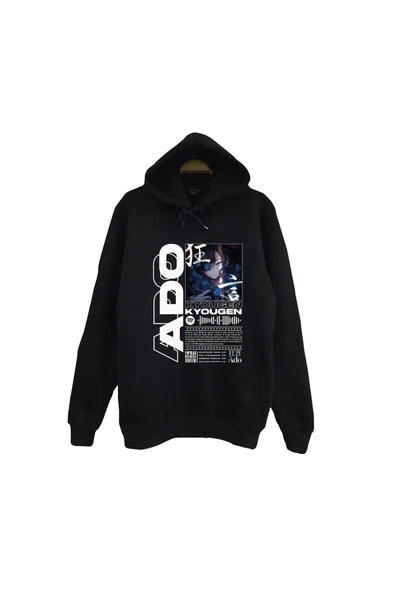 Ado Japon - K-Pop K-Pop - Kyougen poster tasarımı baskılı siyah kapüşonlu sweatshirt