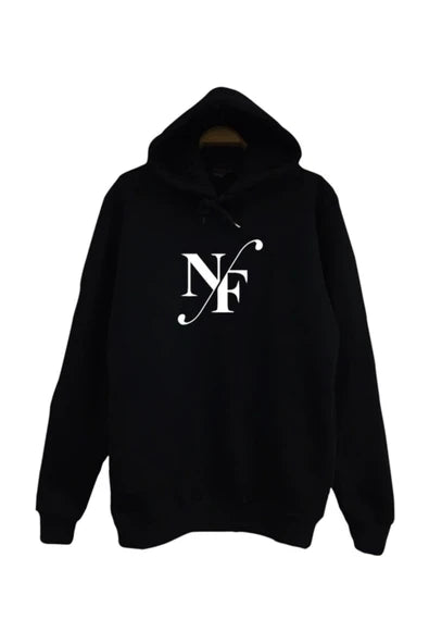 Nf Büyük beyaz monogramı baskılı siyah kapüşonlu sweatshirt