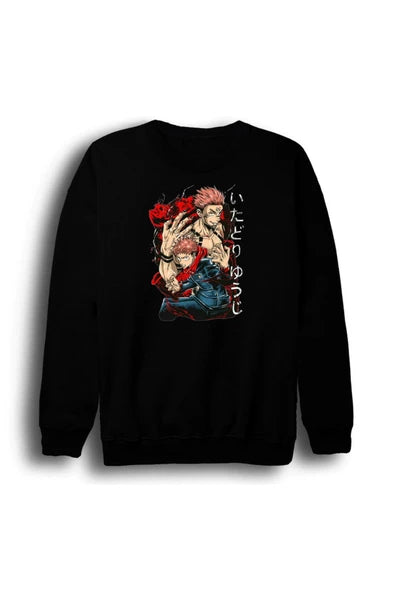 fame-stoned Jujutsu Kaisen - Anime Baskılı Unisex %100 Pamuk Siyah Bisiklet Yaka Sweatshirt