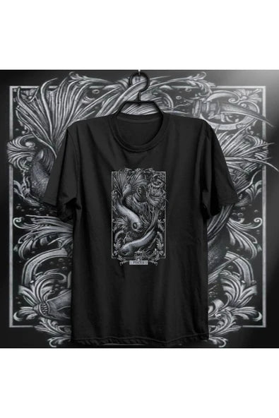 fame-stoned  Unisex Siyah Balık Burcu Baskılı T-shirt