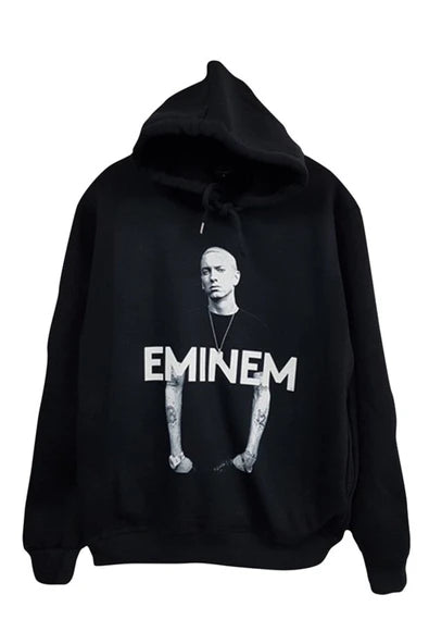 Eminem Siyah-beyaz portre fotoğrafı baskılı siyah kapüşonlu sweatshirt